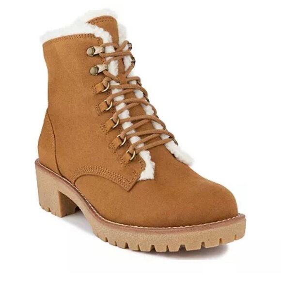 SUGAR QUIZZER Women's Block Heel Shearling Combat Boot Cognac Size 11 - Picture 1 of 8